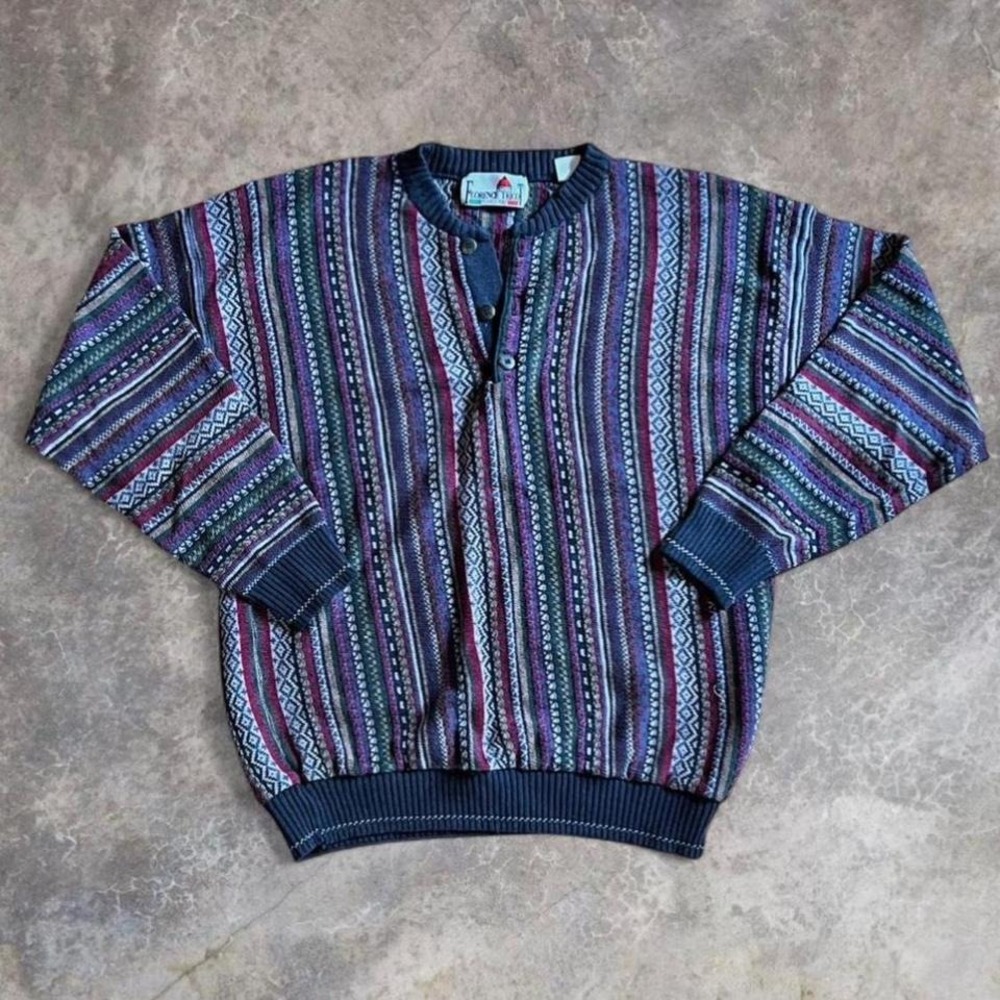 Vintage 90s Florence Tricot Henley Italian Coogi sweater multicolor